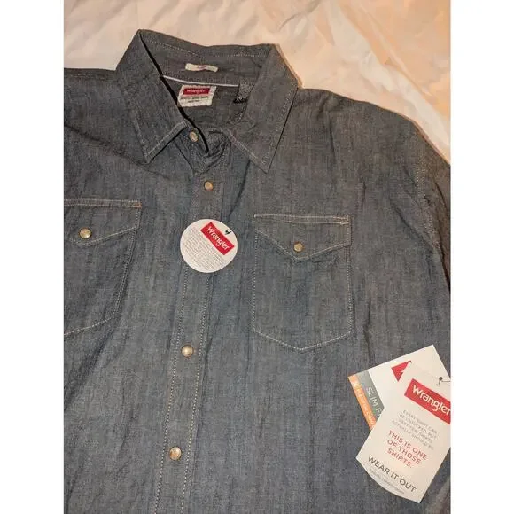 NWT Wrangler Indigo Denim Jean Button Down Stretch Shirt Size XXL 3XL - Picture 2 of 11